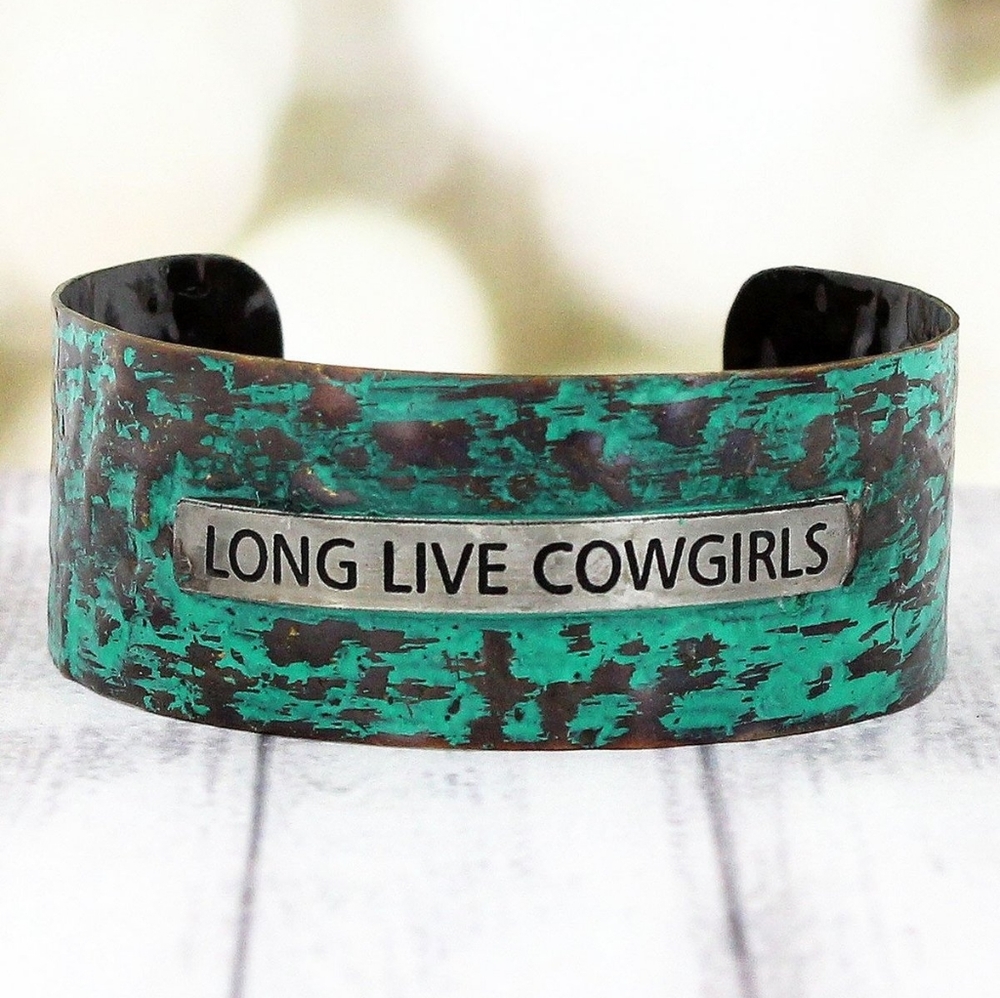 TWO-TONE AND PATINA 'LONG LIVE COWGIRLS' CUFF BRACELET